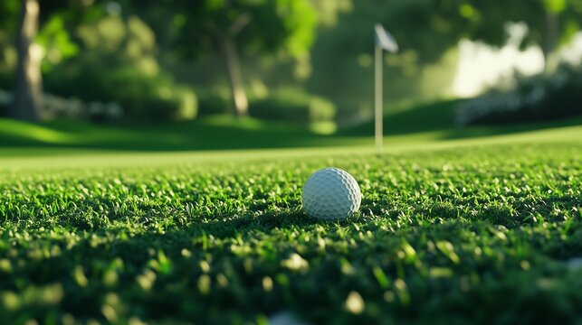 Golf ball on the green. Golfer putting a ball in the green. Close up of a pin with green background. Ball on the putting surface lifestyle. - Powered by Adobe