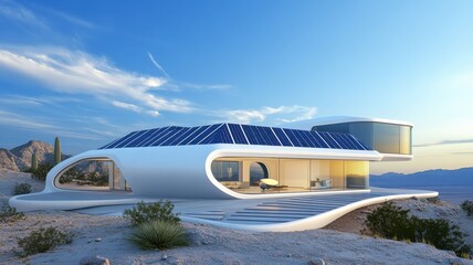 A futuristic house with solar panels, surrounded by a desert landscape, showcasing modern architecture and sustainable design.
