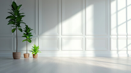 Elegant interior with pristine white walls and green plants in pots