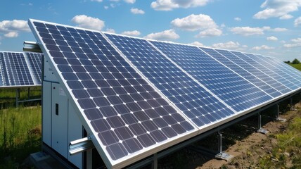 A solar panel installation under a clear blue sky, showcasing renewable energy technology and sustainability on a bright day.