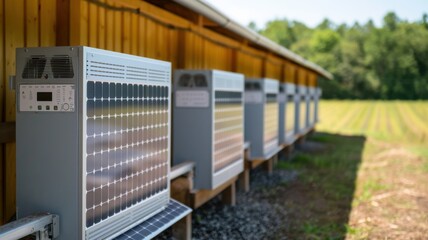 Solar panels installed on a building, harnessing sunlight for energy, with a lush green field in the background.