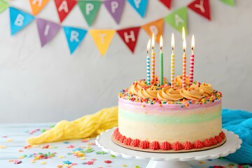 A vibrant birthday cake adorned with four colorful candles stands on a table surrounded by cheerful decorations.