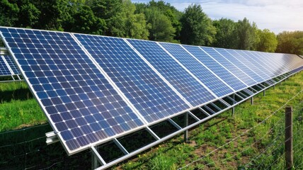 A row of solar panels reflects sunlight, showcasing renewable energy technology amidst lush greenery and trees.