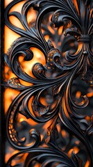 Intricate Black Metalwork with Orange Background Lighting Details