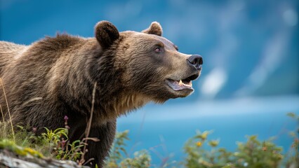 Fototapeta premium A bear is exploring its natural habitat, sniffing the air with curiosity. The blue lake and distant mountains create a tranquil backdrop during a calm afternoon.