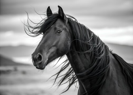 A striking black horse stands prominently in a windswept landscape. Its flowing mane dances in the breeze, while distant mountains loom under a cloudy sky.