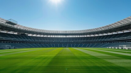 Naklejka premium A modern stadium under a clear blue sky, featuring a lush green field and spacious seating, perfect for sporting events and gatherings.