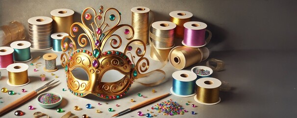Crafting a Golden Carnival Mask with Spools of Thread and Sparkling Gems