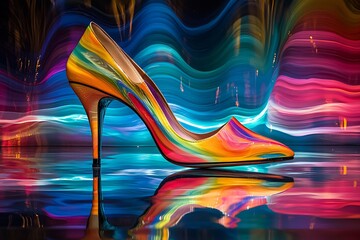 A stunning pair of designer high heels showcased on a reflective surface, set against a glamorous fashion show backdrop.