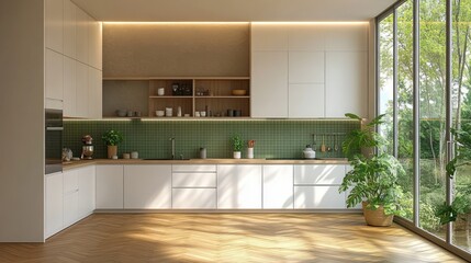 Modern Kitchen Interior with White Cabinets Green Tiled Backsplash and Wooden Flooring