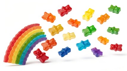 Rainbow Gummy Bears Falling from a Rainbow Arch Product Photography, Candy, Sweet Treats, Gummy Candy Gummy candy, Rainbow