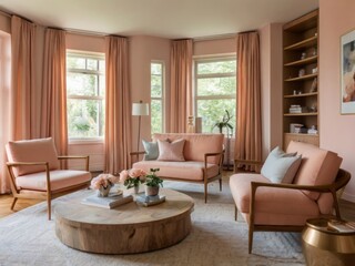 Fototapeta premium Elegant Living Room With Pink Accents And Wooden Furniture