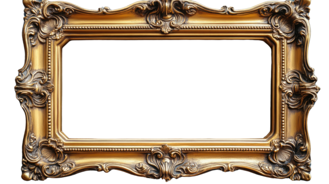 Golden Regal Frame: A beautifully detailed and ornately designed golden picture frame exudes elegance and sophistication. - Powered by Adobe