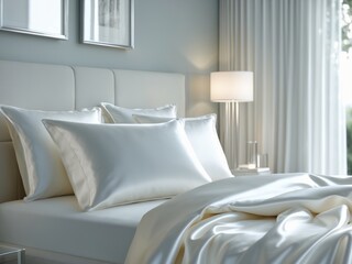 A plain white satin pillowcase, set on a high-end bedroom setting with soft, diffused lighting.