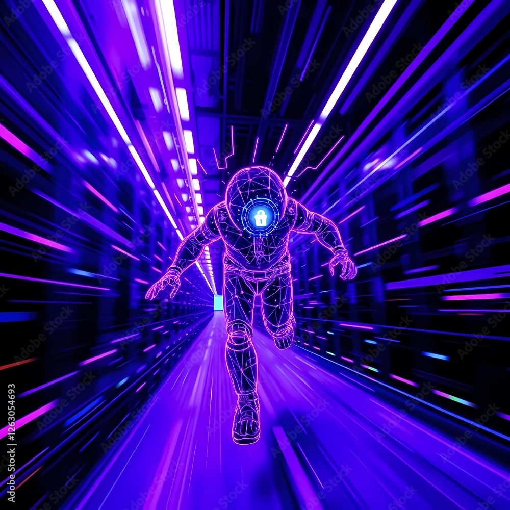 Poster astronaut running through a futuristic neon corridor in a digital world of cybersecurity. generative