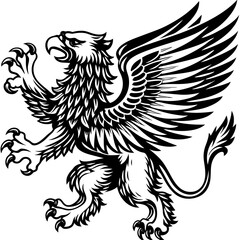 Fototapeta premium A Majestic Griffin in Flight on white background, sketch engraving illustration. Scratch board imitation. Black and white image.