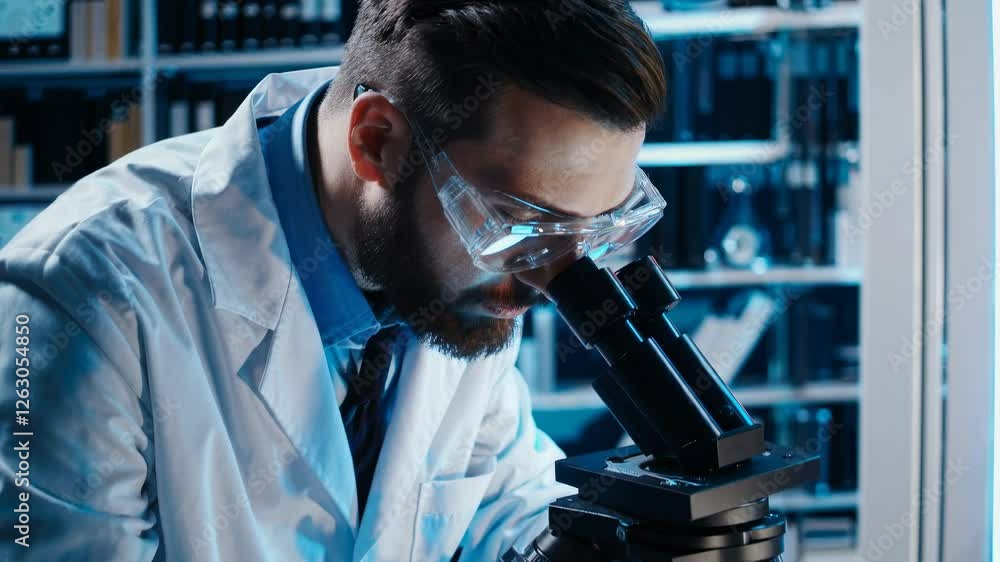 Poster scientist in lab coat using a microscope, captured from a side angle. the video style is futuristic 