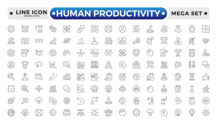Human Productivity outline icon set productivity and efficiency. Linear business and leader symbols efficiency, task, focus, multitasking, workflow, growth, and routine. Editable stroke outline icon.