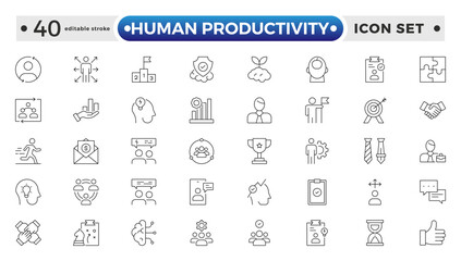 Human Productivity outline icon set productivity and efficiency. Linear business and leader symbols efficiency, task, focus, multitasking, workflow, growth, and routine. Editable stroke outline icon.