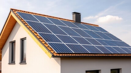 A modern house featuring a solar panel roof, harnessing solar energy under a clear blue sky.