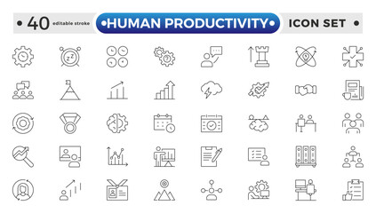 Human Productivity outline icon set productivity and efficiency. Linear business and leader symbols efficiency, task, focus, multitasking, workflow, growth, and routine. Editable stroke outline icon.