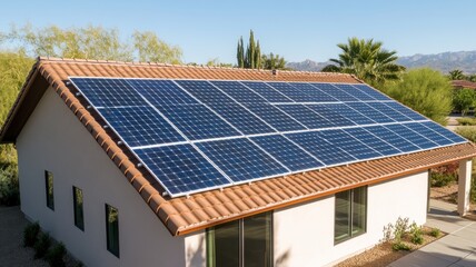 Fototapeta premium A modern home equipped with solar panels on the roof, surrounded by greenery and mountains, highlighting sustainable energy solutions.