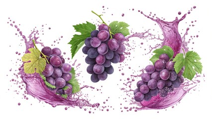 Three Bunches of Grapes in a Juice Splash Watercolor Composition, Grape Juice, Fresh Fruit, Purple Grapes Grape Juice, Watercolor painting