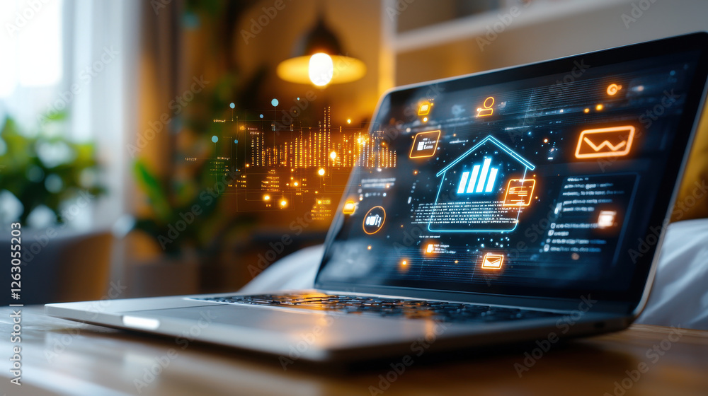 Poster smart home environment with interactive holograms displayed on laptop, showcasing data analytics and