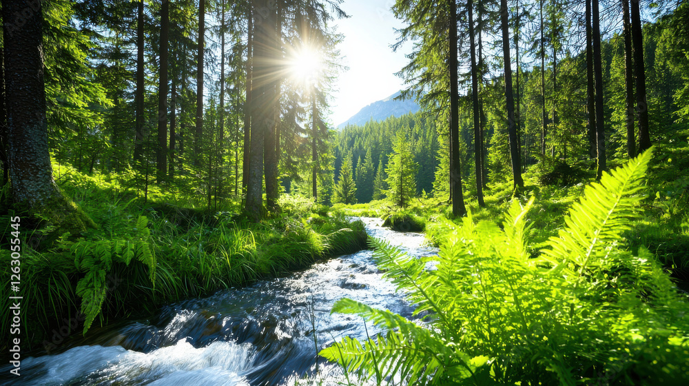 Poster tranquil river flowing through dense forest, surrounded by lush greenery and sunlight filtering thro