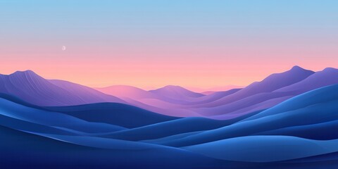Abstract Pastel Mountain Landscape at Dawn with Rising Moon, Minimalist Art Style