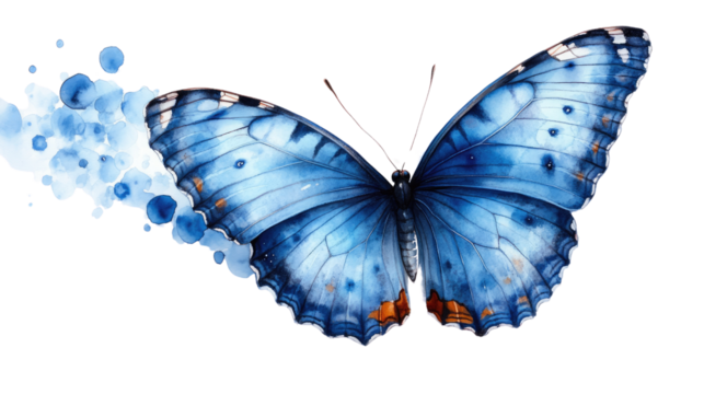 Azure Wings: A captivating watercolor illustration of a vibrant blue butterfly, with delicate wings spread wide, leaving a trail of ethereal splashes behind.