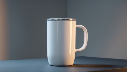 A plain white travel mug, standing upright on a black matte surface with modern lighting
