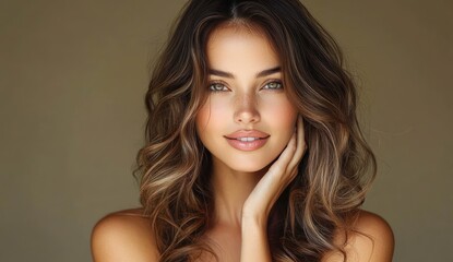 Naklejka premium Elegant woman in profile with long wavy hair soft lighting beauty model girl cosmetics