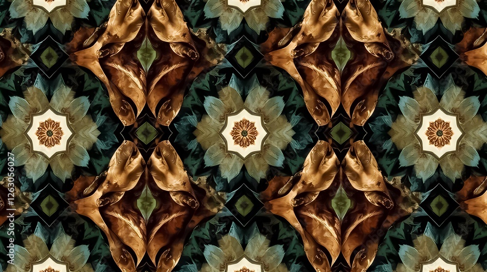Poster kaleidoscopic pattern of hands and nature-inspired elements displayed in an intricate design. genera