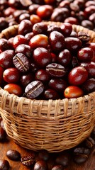 Fototapeta premium Harvesting Freshly Gathered Coffee Cherries in Lush Fields Nature's Bounty Close-Up Viewpoint Sustainable Farming