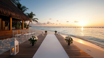 Fototapeta premium intimate wedding ceremony setup on beach at sunset, featuring white aisle, floral arrangements, and elegant chairs. serene atmosphere enhances romantic vibe
