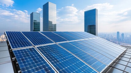 Fototapeta premium A rooftop view of solar panels with modern skyscrapers in the background, showcasing renewable energy in an urban setting under a clear sky.