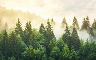 Fototapeta premium Misty Evergreen Forest at Sunrise A Tranquil Landscape with Fog and Sunlight