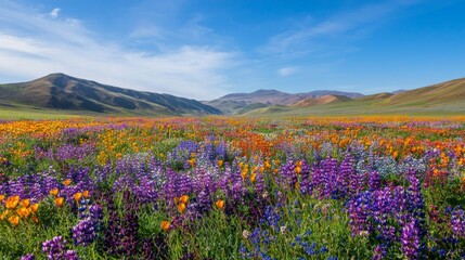 Fototapeta premium Vibrant Wildflower Field Under Clear Blue Sky in Scenic Landscape