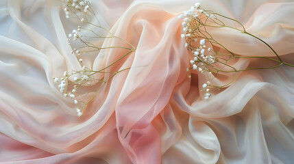 Fototapeta premium Delicate pastel silk fabric draped with tiny white flowers, creating a soft, romantic ambiance