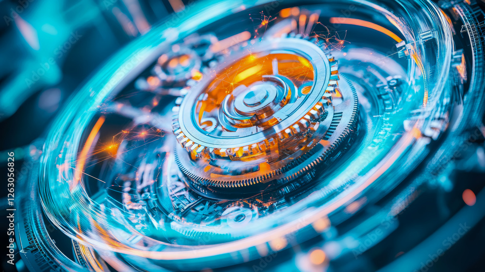 Poster abstract mechanical: metallic gears and rotating components in motion for technology