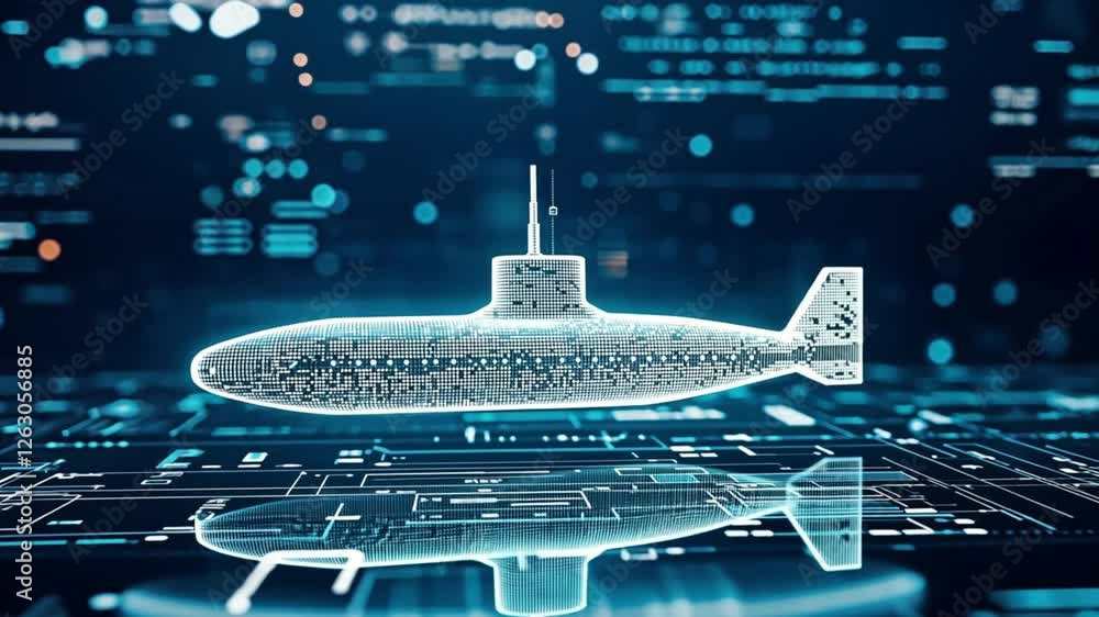Poster high-tech digital rendering of a submarine in a virtual interface in 3d style. concept of advanced m