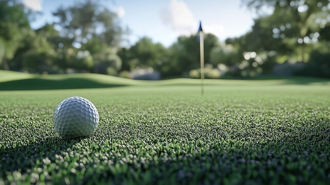 Golf ball on the green. Golfer putting a ball in the green. Close up of a pin with green background. Ball on the lifestyle putting surface.