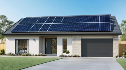 Fototapeta premium A modern house features a sleek design with solar panels on the roof, set against a clear blue sky and a well-maintained lawn.
