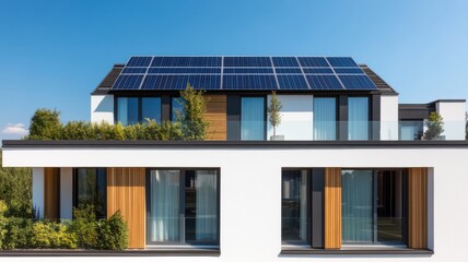 A modern house featuring solar panels on the roof, large windows, and a sleek design, surrounded by greenery under a clear blue sky.