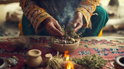 Traditional healing rituals using sacred herbs and natural materials