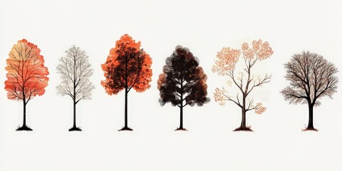Fototapeta premium A mesmerizing array of uniquely shaped trees stands in perfect symmetry, their vibrant foliage ranging from fiery reds to warm oranges, creating an enchanting autumnal scene