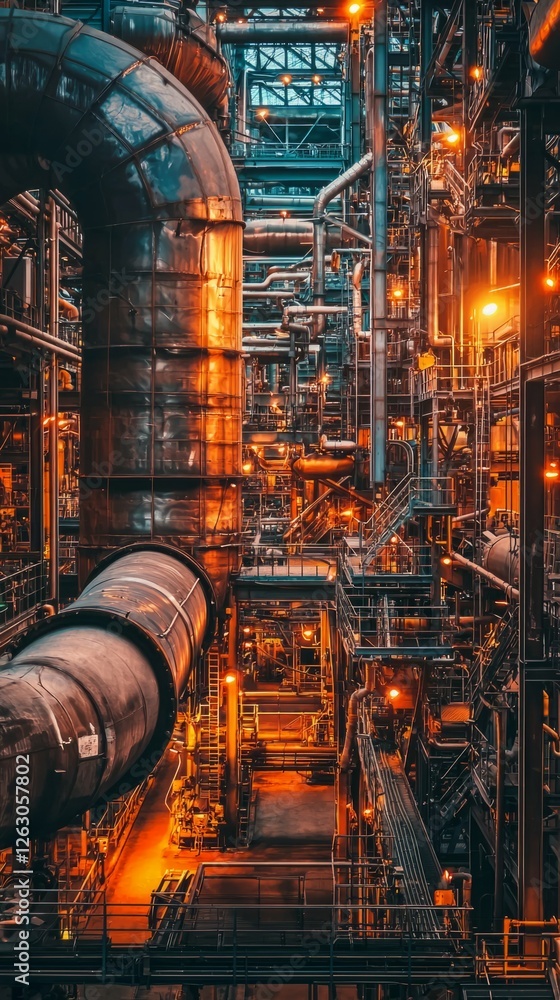 Poster industrial pipeline system with complex structures and lighting effects