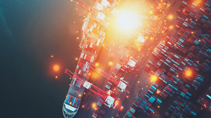 Container truck in ship port for business Logistics and transportation of Container Cargo ship and Cargo plane with working crane bridge in shipyard at sunrise, logistic import export and transport

