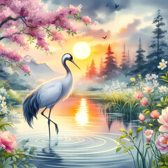 Fototapeta premium crane bird by the water landscape 